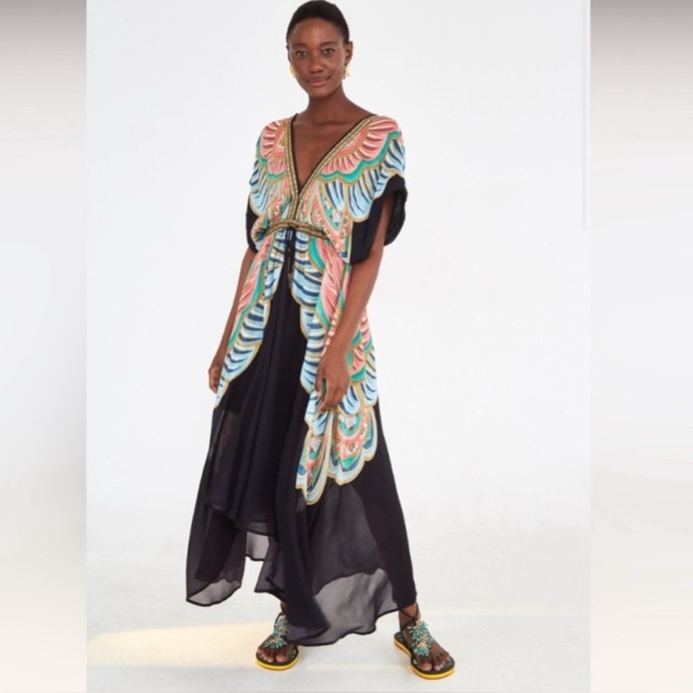 Farm Rio Boho Maxi Dress XS Colorful Print Deep V Empire Waist Flowy Festival - Picture 7 of 8